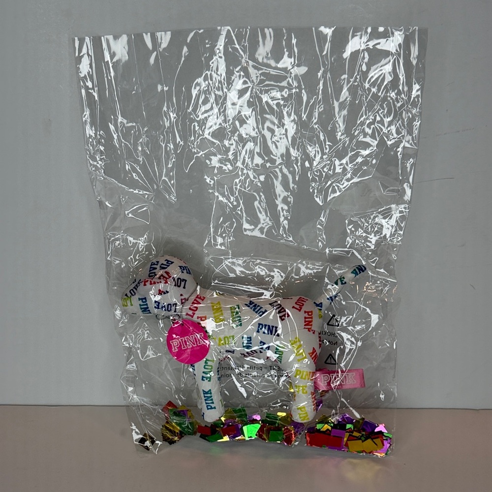 PINK Victorias Secret multicolor logo plush dog with confetti bag